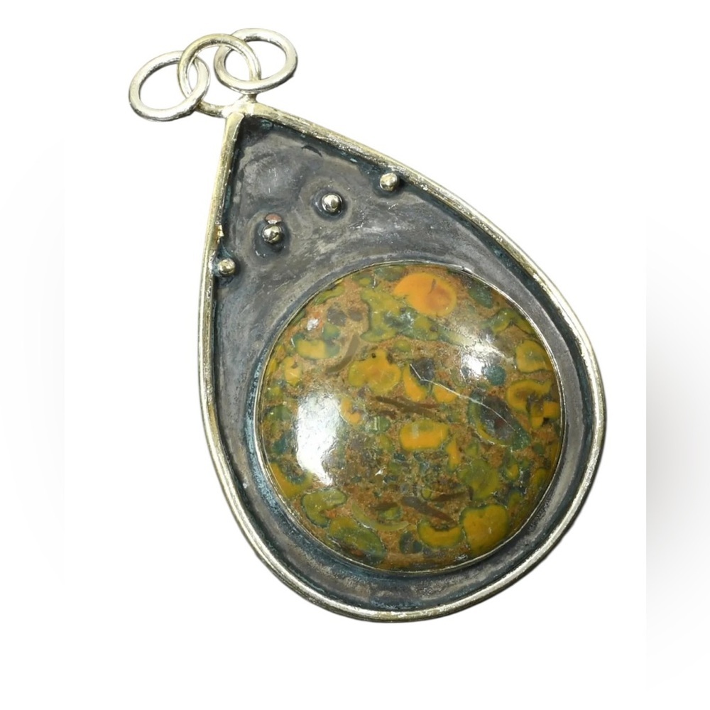 Artisan FRUIT JASPER Teardrop Pendant with Green and Yellow Hand Crafted #9140 - Picture 6 of 15